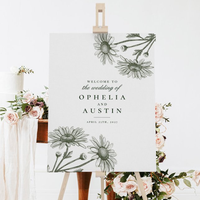 Elegant Floral Green Daisy Sketch Wedding Sign (Creator Uploaded)