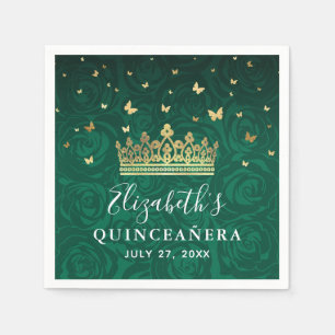 Elegant Floral Green Gold Crown Birthday Template Napkins