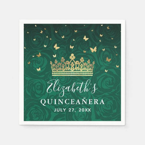 Elegant Floral Green Gold Crown Birthday Template Napkins
