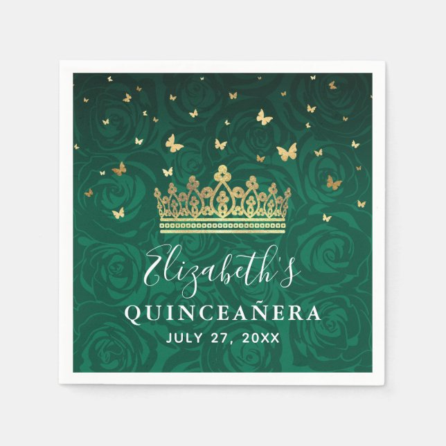 Elegant Floral Green Gold Crown Birthday Template Napkins (Front)