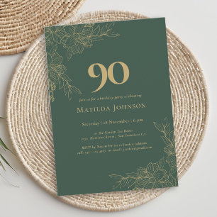 Elegant Floral Green Gold Floral 90th Birthday Invitation