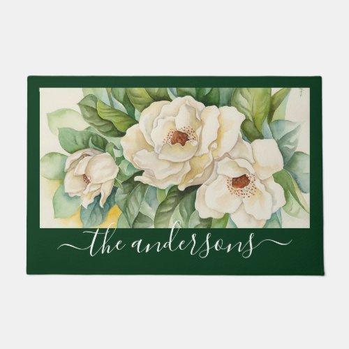 Elegant Floral Green Magnolia Flowers Name Script Doormat