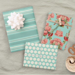 Elegant Floral Green Pretty Polka Dot Stripes Wrapping Paper Sheets