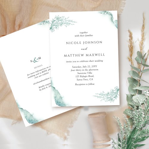 Elegant Floral Green Sage Watercolor Wedding Invitation