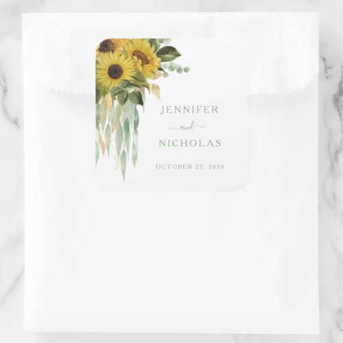 Elegant Floral Green Sunflowers Wedding Square Sticker