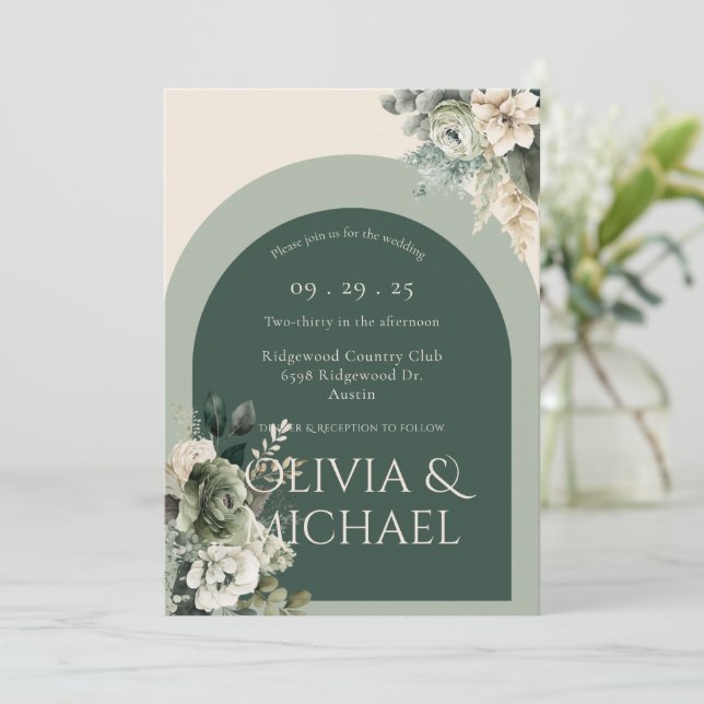 Elegant Floral Green Wedding Invitation (Standing Front)