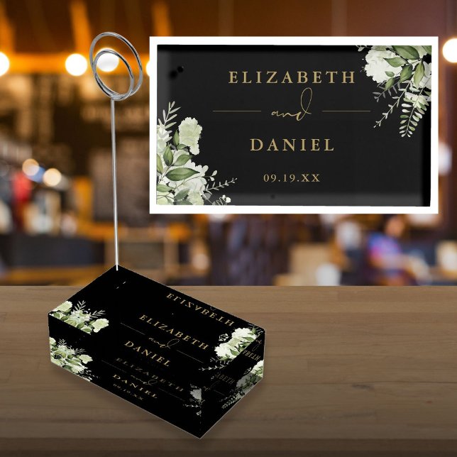 Elegant Floral Greenery Black And Gold Wedding Place Card Holder (Elegant Floral Greenery Black And Gold Wedding Place Card Holder)