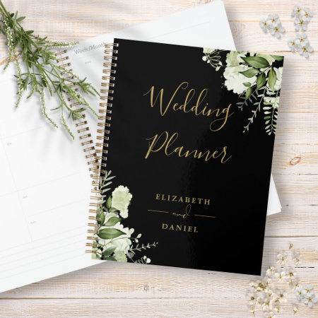 Elegant Floral Greenery Black And Gold Wedding Planner