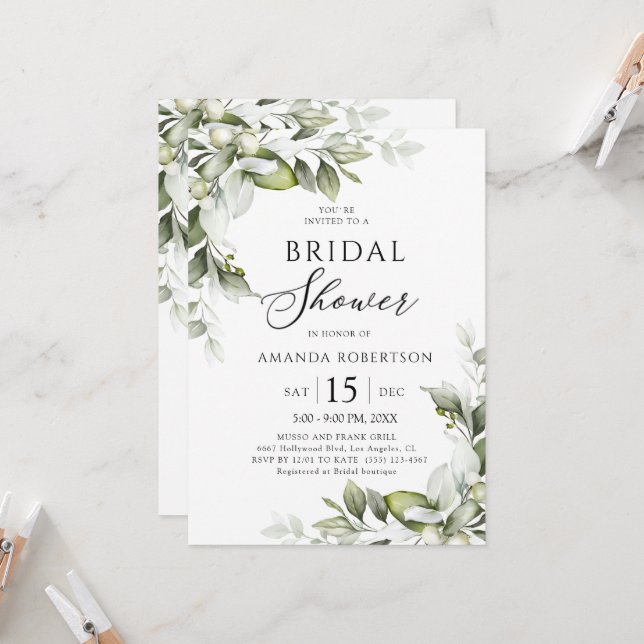 Elegant Floral Greenery Bridal Shower  Invitation (Front/Back In Situ)