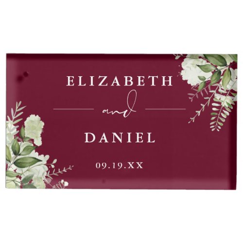 Elegant Floral Greenery Burgundy Wedding Place Card Holder