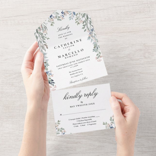 Elegant Floral Greenery Cascade Wedding All In One Invitation (Tearaway)
