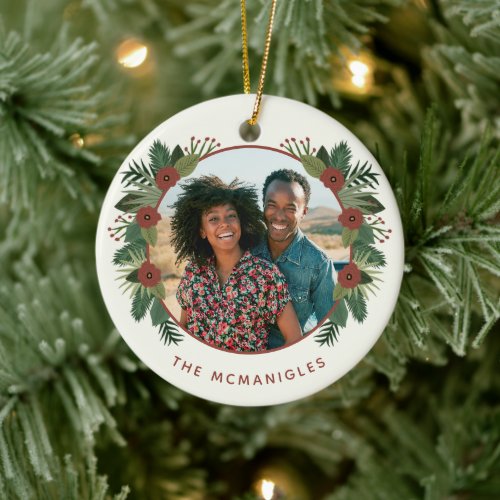 Elegant Floral Greenery Christmas 2 Photo Family Ceramic Ornament