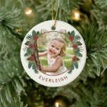 Elegant Floral Greenery Christmas 2 Photo Kids Ceramic Ornament<br><div class="desc">Our kids grow up so fast! Create a keepsake to treasure with this beautiful photo Christmas tree ornament! It features hand drawn winter greenery and flowers in rustic colors of brick red and various shades of green over an ivory background. Easy to customize, with photo and text templates on both...</div>