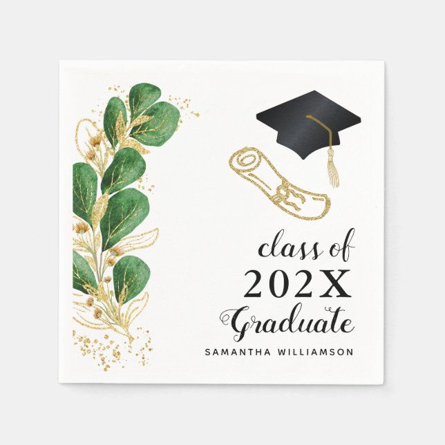 Elegant Floral Greenery Class of 2025 Graduation Napkins (Front)
