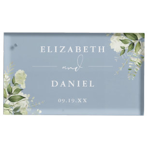 Elegant Floral Greenery Dusty Blue Wedding Place Card Holder