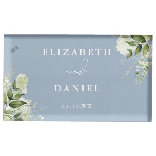 Elegant Floral Greenery Dusty Blue Wedding Place Card Holder