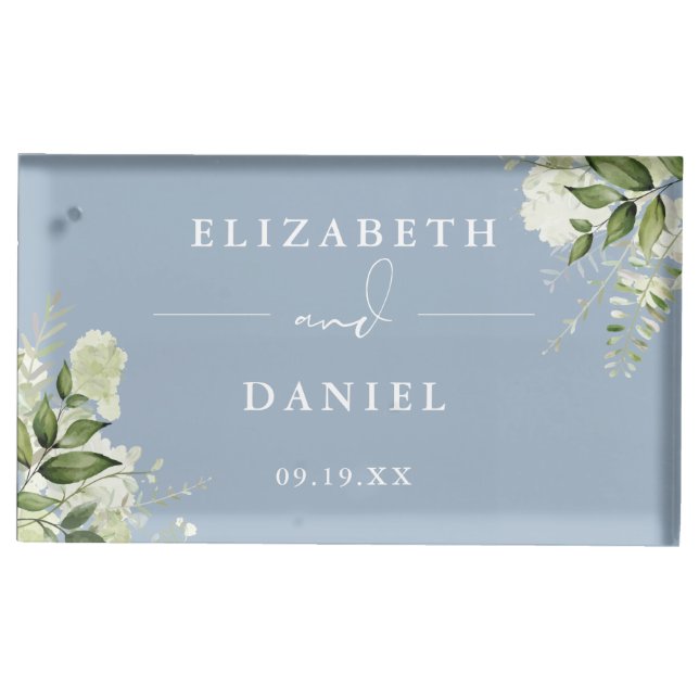 Elegant Floral Greenery Dusty Blue Wedding Place Card Holder (Front)