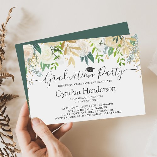 Ivory Greenery Gold Bloom Floral Graduation Party Invitation