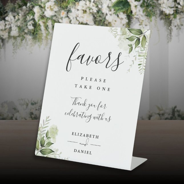 Elegant Floral Greenery Modern Script Favors Pedestal Sign (Elegant Floral Greenery Modern Script Favors Pedestal Sign)