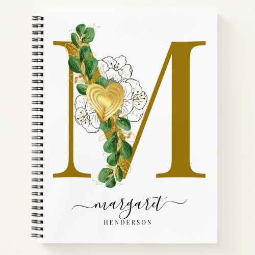 Elegant Floral Greenery Monogrammed Letter M Notebook
