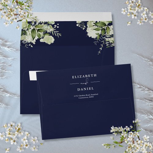 Elegant Floral Greenery Navy Blue Return Address Envelope