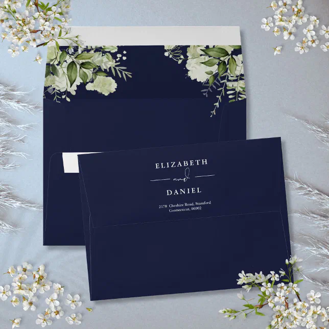 Elegant Floral Greenery Navy Blue Return Address Envelope | Zazzle