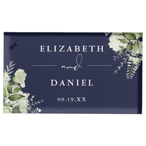 Elegant Floral Greenery Navy Blue Wedding Place Card Holder