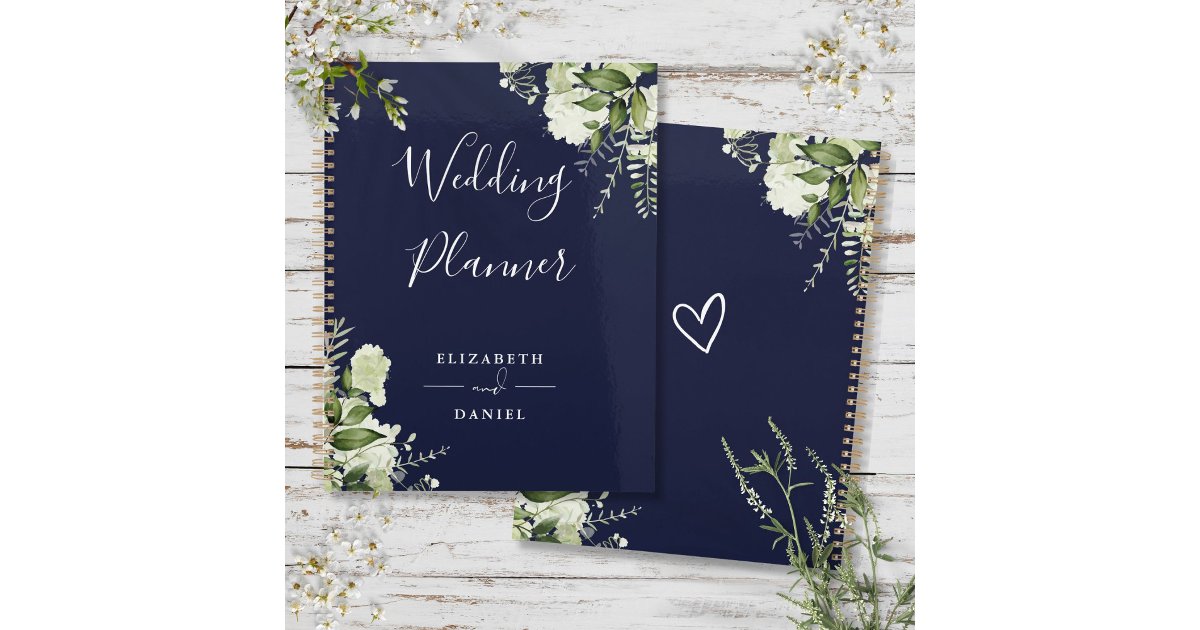 Elegant Floral Greenery Navy Blue Wedding Planner | Zazzle