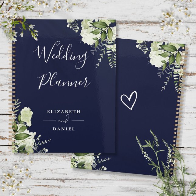 Elegant Floral Greenery Navy Blue Wedding Planner (Elegant Floral Greenery Navy Blue Wedding Planner)