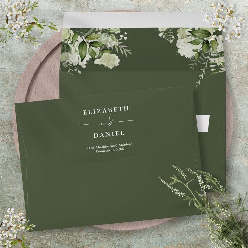 Elegant Floral Greenery Olive Green Return Address Envelope