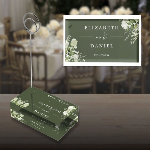 Elegant Floral Greenery Olive Green Wedding Place Card Holder