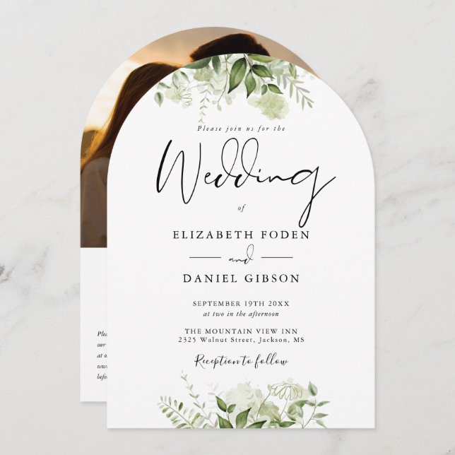 Elegant Floral Greenery QR Code Photo Arch Wedding Invitation (Front/Back)