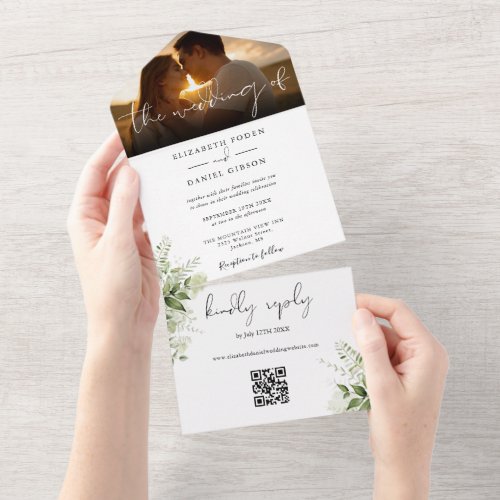 Elegant Floral Greenery QR Code Wedding Photo All In One Invitation