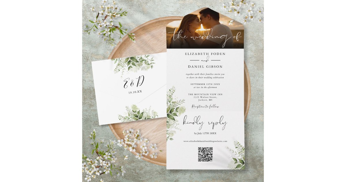 Elegant Floral Greenery QR Code Wedding Photo All In One Invitation ...