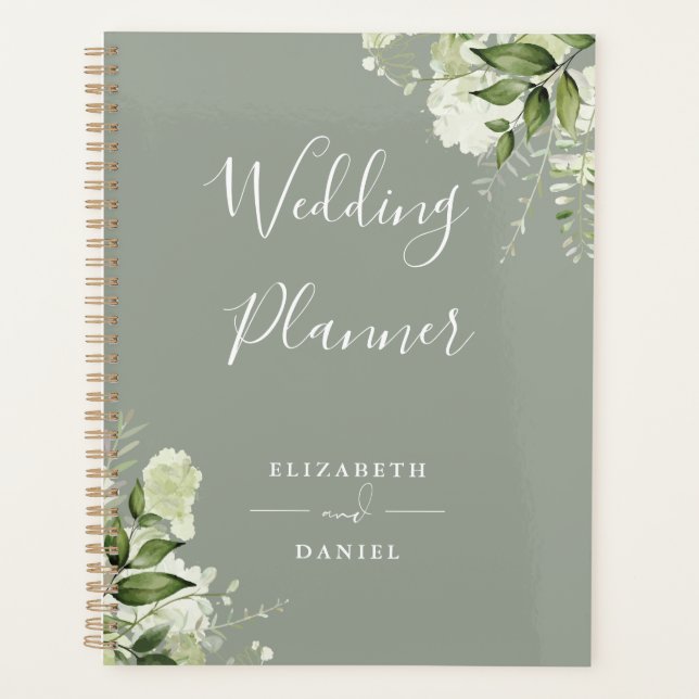 Elegant Floral Greenery Sage Green Wedding Planner (Front)