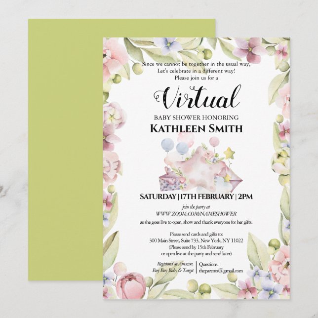 Elegant Floral Greenery Watercolor Virtual Shower Invitation (Front/Back)