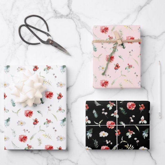 Elegant Floral Greenery Winter Pattern Wrapping Paper Sheets (Front)