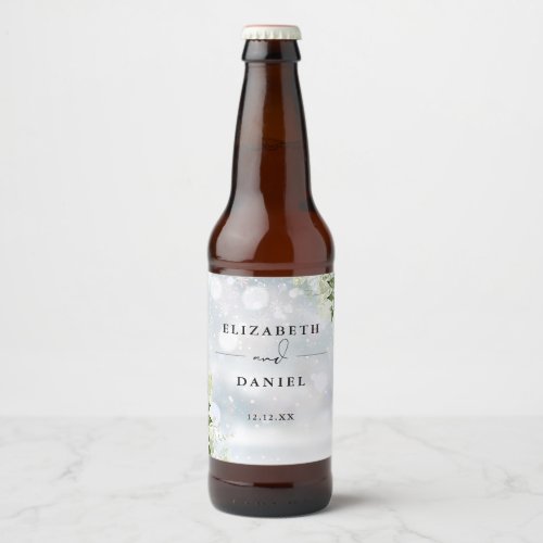 Elegant Floral Greenery Winter Wedding Beer Bottle Label