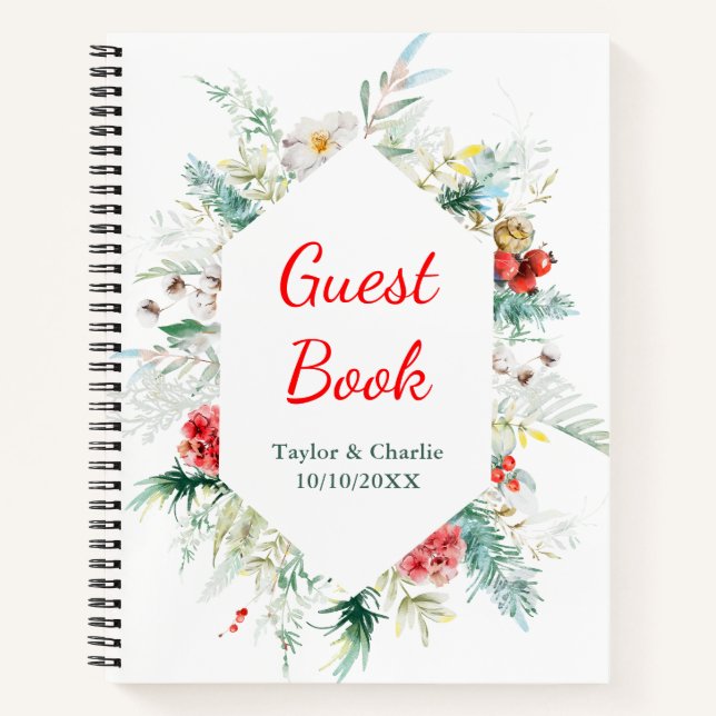 Elegant Floral Greenery Winter Wedding Guest Book (Front)