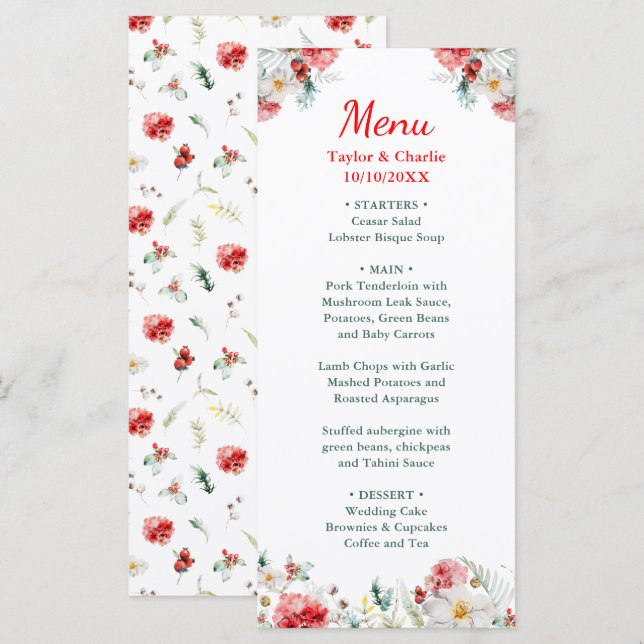 Elegant Floral Greenery Winter Wedding Menu (Front/Back)