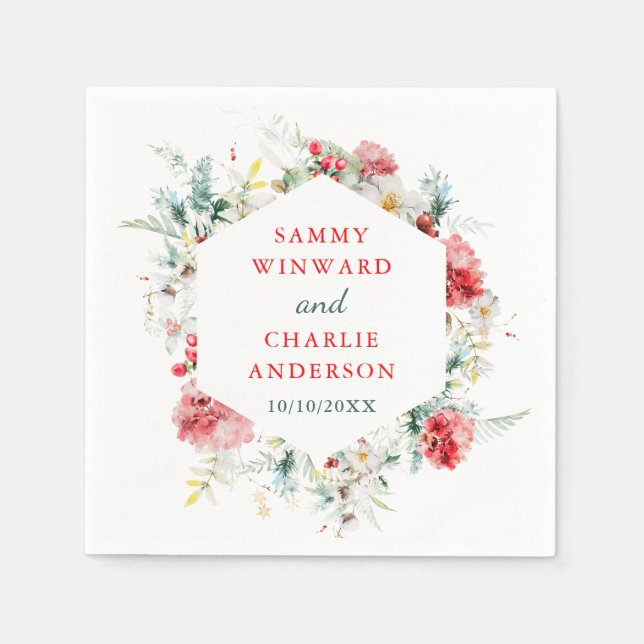 Elegant Floral Greenery Winter Wedding Napkins (Front)
