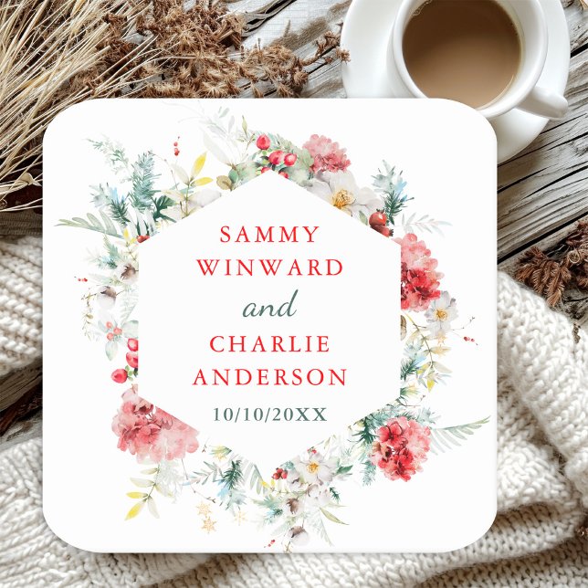 Elegant Floral Greenery Winter Wedding Square Pape Paper Coaster (Creator Uploaded)