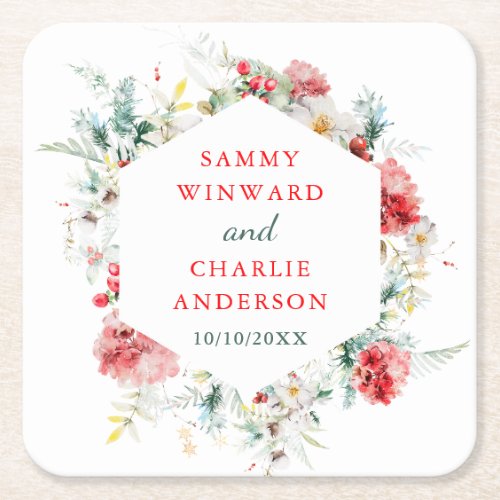 Elegant Floral Greenery Winter Wedding Square Pape Square Paper Coaster