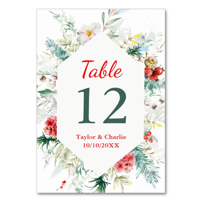 Elegant Floral Greenery Winter Wedding Table Number (Front)