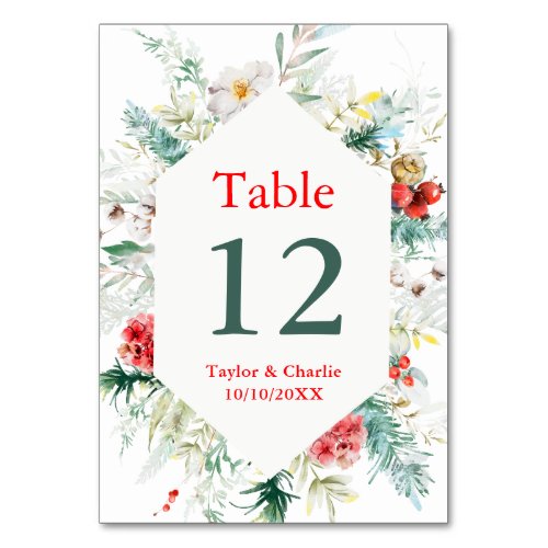Elegant Floral Greenery Winter Wedding Table Number