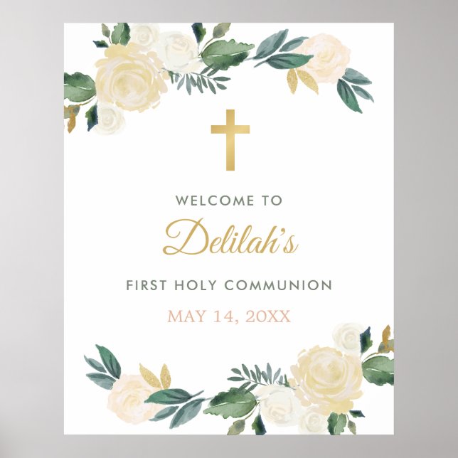 Elegant Floral Greenery Wreath First Communion Poster (Front)