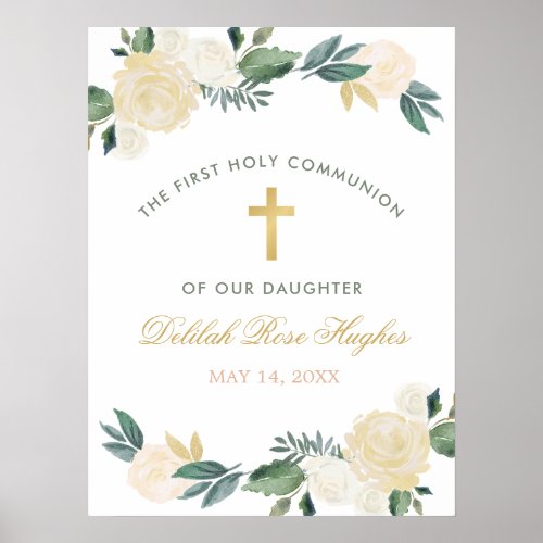 Elegant Floral Greenery Wreath First Communion Poster