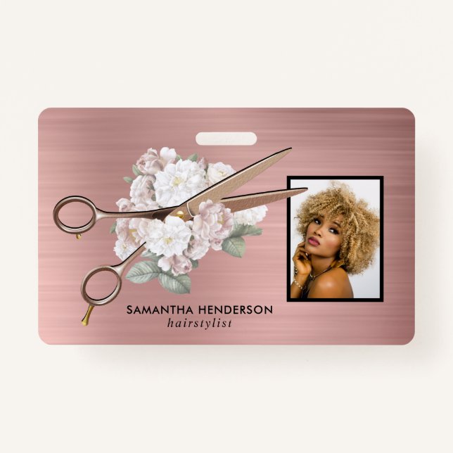 Elegant Floral Hair Salon Employee Photo Badge (Front)