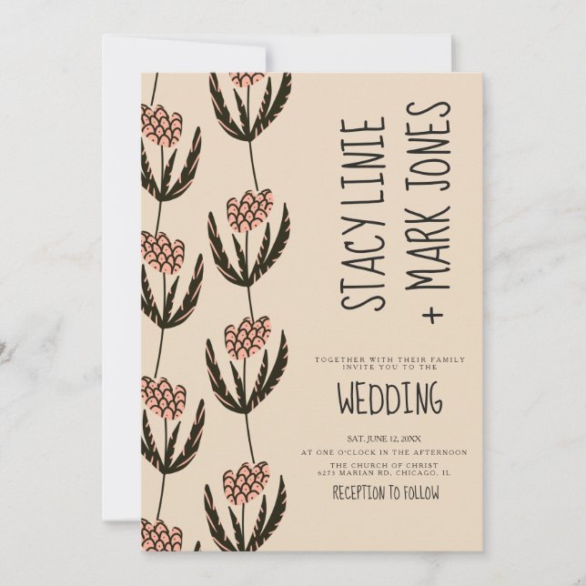 Elegant Floral Hand Drawn Fancy Script Wedding Invitation (Front)