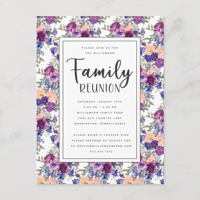 Elegant Floral Hand-Lettered Script Family Reunion Postcard (Front)
